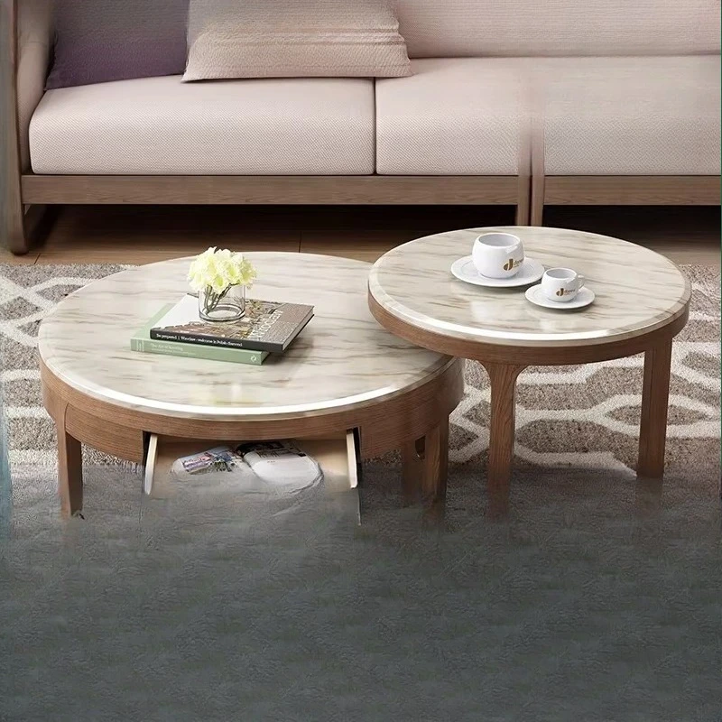 Nordic round coffee table combination solid wood simple round marble coffee table small living room creative