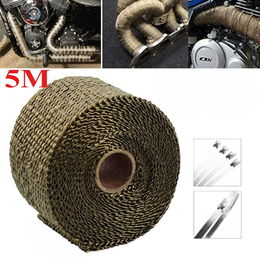 5M Titanium Exhaust Heat Wrap 2.5cm/5cm Width Fiberglass Header Pipe Thermal Insulation Tape For Motorcycle With Stainless Ties