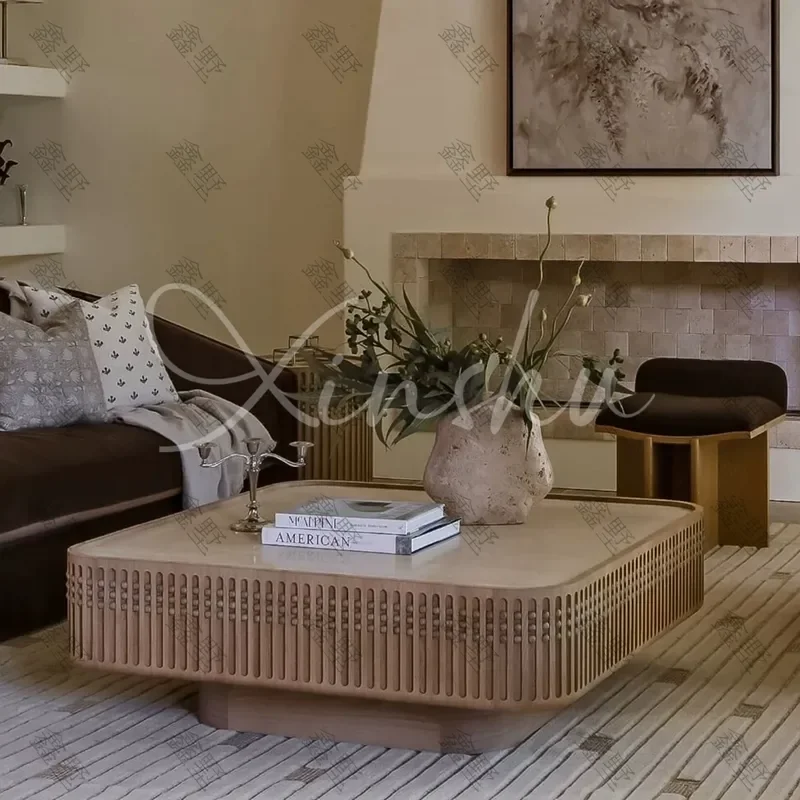 Retro Solid Wood Coffee Table Large Square Tea Table for Living Room Apartment Home Reception Desk
