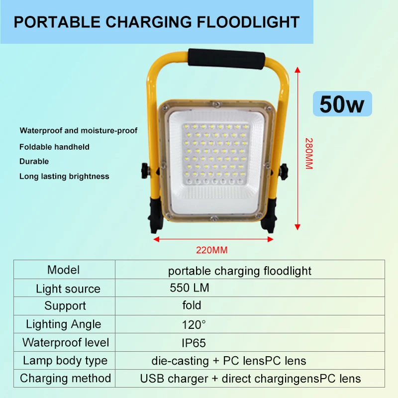 50W 100W Led Oplaadbare Schijnwerper Waterdichte Outdoor Nood Led Li-Ion Batterij Schijnwerper Zoeklicht Draagbaar Flitslicht