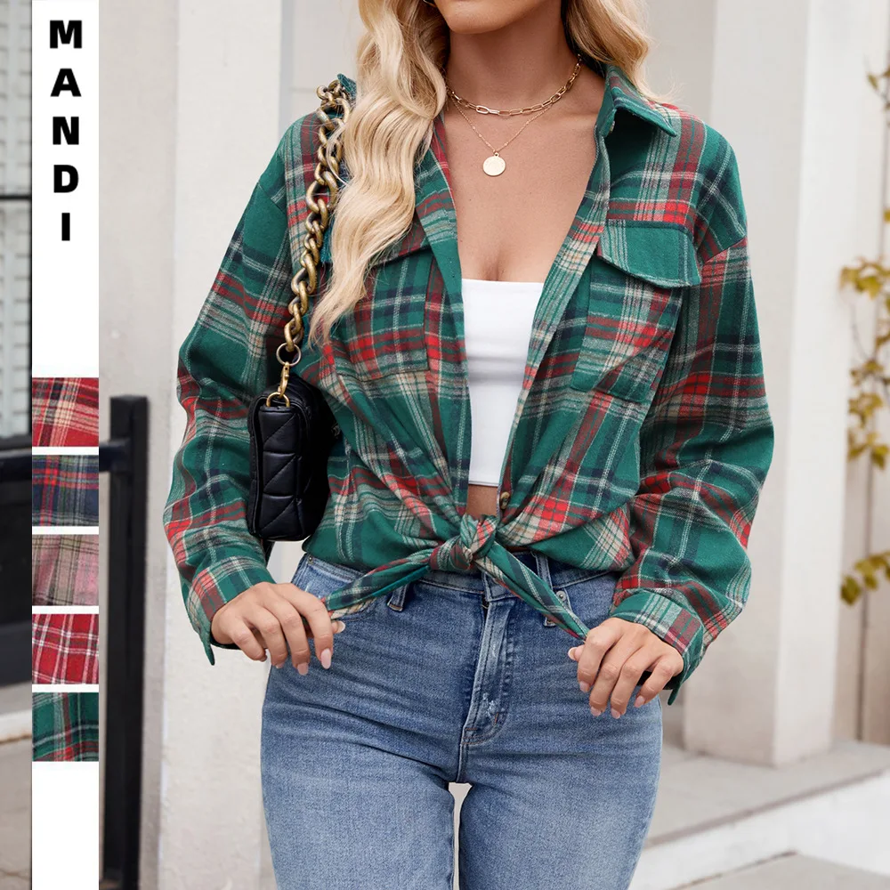 

2025 Autumn and Winter Women's Shirt Loose Plaid Casual Fashion Cardigan Loose Pocket Shirt Long Sleeve Blouses for Female