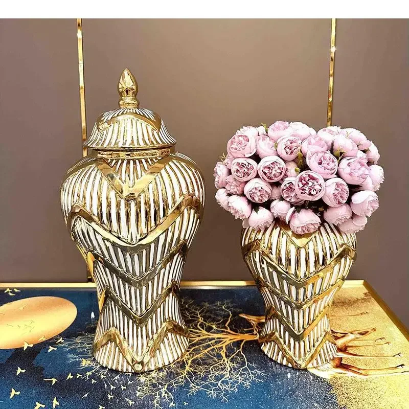 Golden Stripe Relief Ceramic Storage Jars Ginger Jar Gold-plated General Desktop Jewelry Organizer Box Cosmetic Container