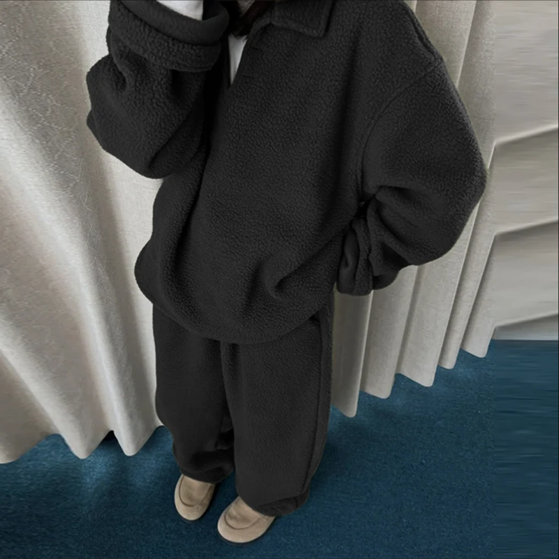 

INCERUN Мужские комплекты Однотонные флисовые толстовки с лацканами и длинными рукавами и брюки Комплекты из двух предметов Уличная одежда больших размеров Модные повседневные мужские костюмы