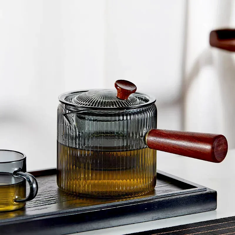 Side Wooden Handle Striped Filterable Heat-resistant Thickened Glass Teapot Brewing Flower Tea Pot Heatable Glass Tea Set