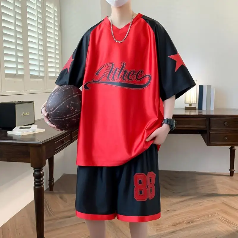 Summer glossy teenagers boy two-piece set Short sleeve loose basketball plus size tank top shorts