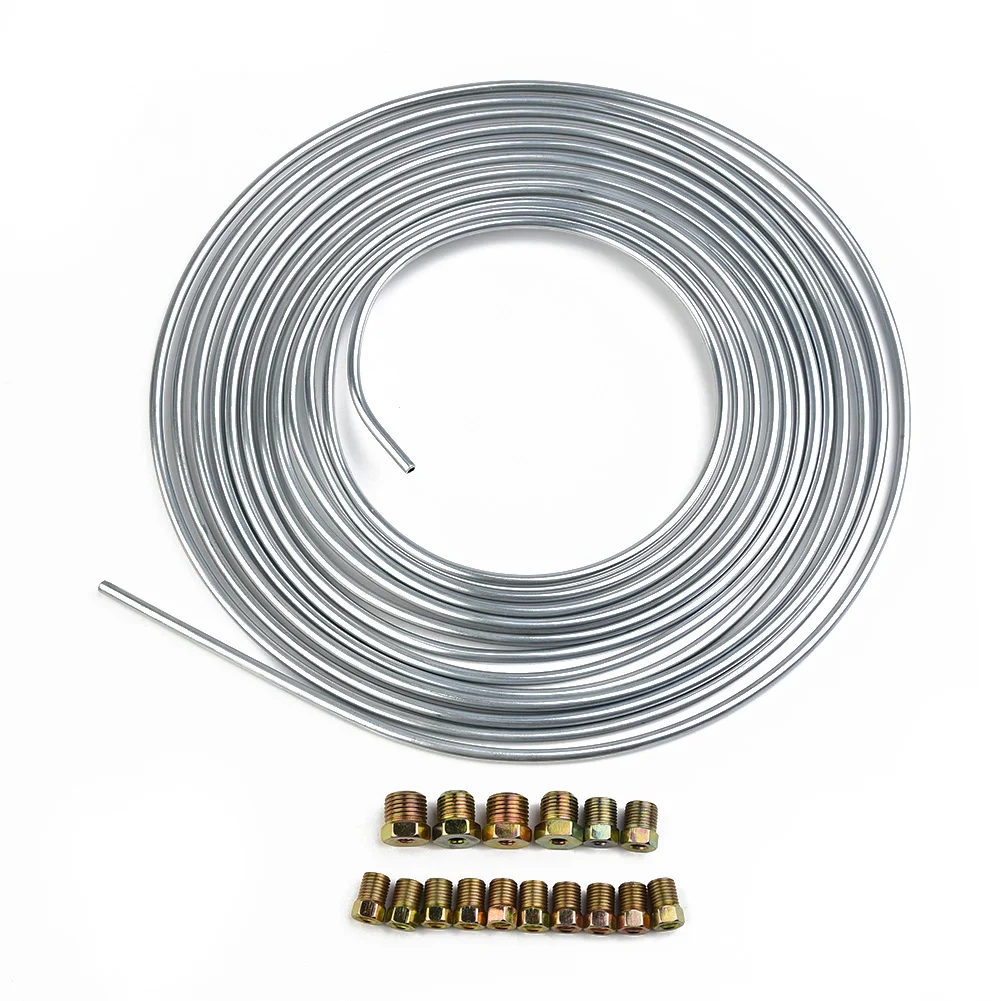 1 Set Car 25 Ft 3/16 Brake Line Kit Steel Tube Roll Silver Flexible With 16pcs Fittings Wear Parts Accessories