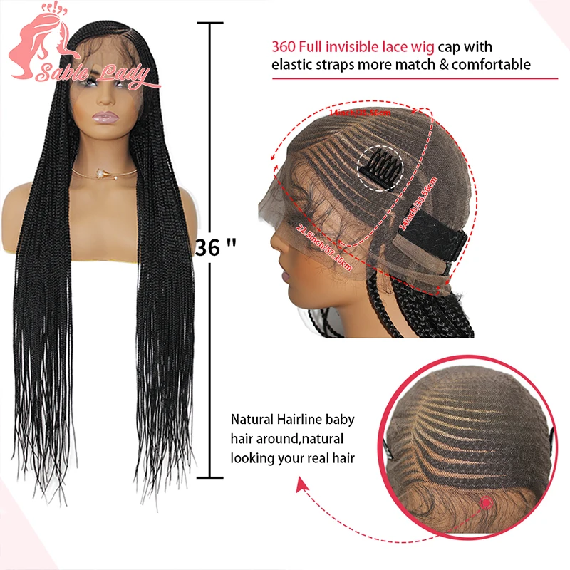 Full Lace Front trançado perucas para mulheres negras, 36 ", sem nós, tranças Cornrow Box, deusa, parte lateral profunda, peruca sintética