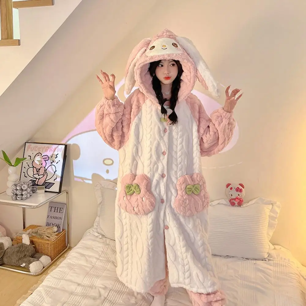 

2Pcs Plush Pajamas Set Anime My Melody Women Coral Velvet Winter Long Velvet Thickened Bathrobe Cat Hooded Plush Home Clothes