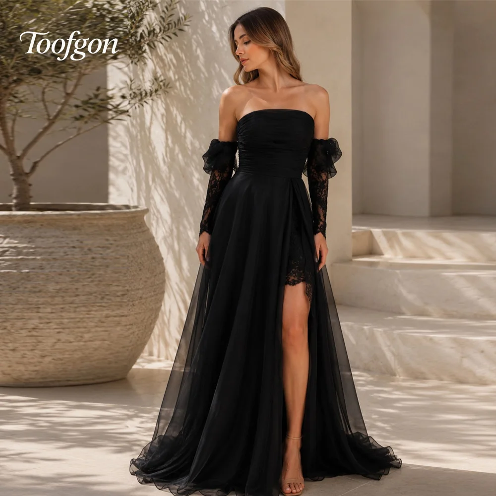 Toofgon Strapless Customized Prom Dresses Satin Organza Slit Formal Party Haute Couture Gowns Detachable Sleeve Evening Dress