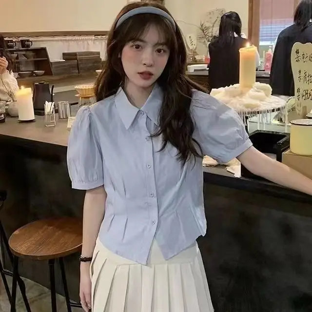 

Short Sleeve Shirts Womens Poplin Stand Collar Pintucked Tunic Autumn Minimalist Preppy Boyfriend Student Youthful Urban Daily