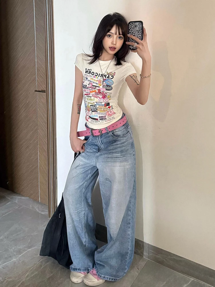 

Fuyuan Blue Distressed Pleated Denim Pants Women's Loose Wide Leg Casual Straight Leg Trousers Spring New American Style