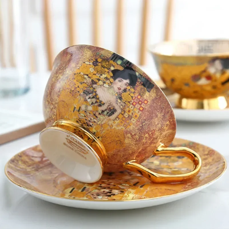 Luxury Gustav Klimt Bone China Coffee Cup and Saucer Set Europe Style Afternoon Tea Cup 220ml Ceramic Mug Cafe Home Drinkware