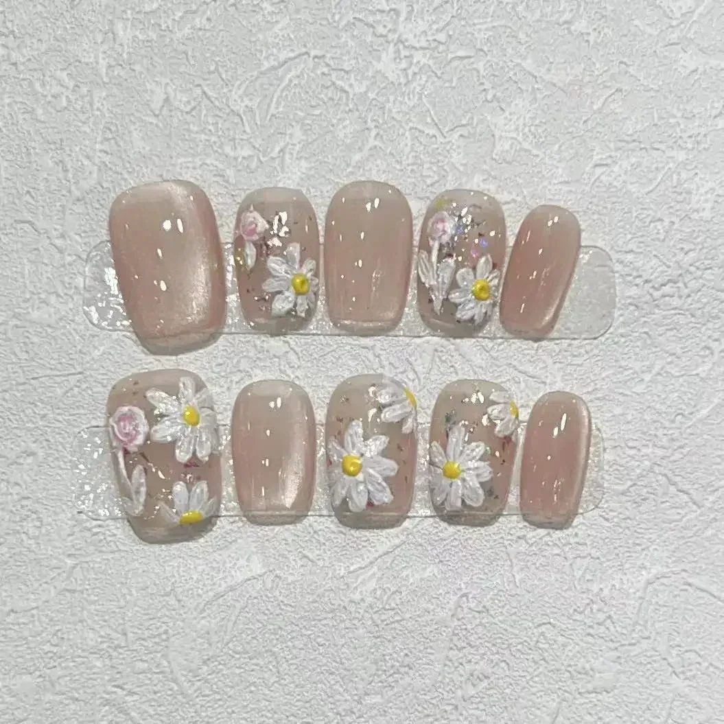 10Pcs Cat Eye Handmade Fake Nails with Bamboo Leaf Design Pure Color Shiny Press on Nail Chinese Style Short False Art Nail Tips