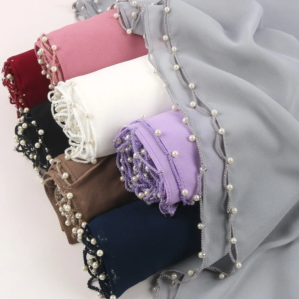 

Fashion Beads Tassel Silk Shawl Chiffon Pearl Decoration Hijab Lace Malaysia Style Headband Women