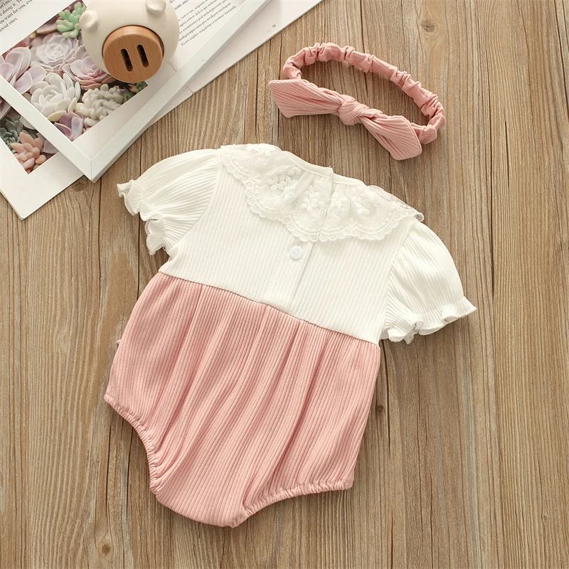 Summer Princess Baby Girls Bodysuits Short Sleeve Bow Lace Flowers Toddler Infants Jumpsuits Clothes