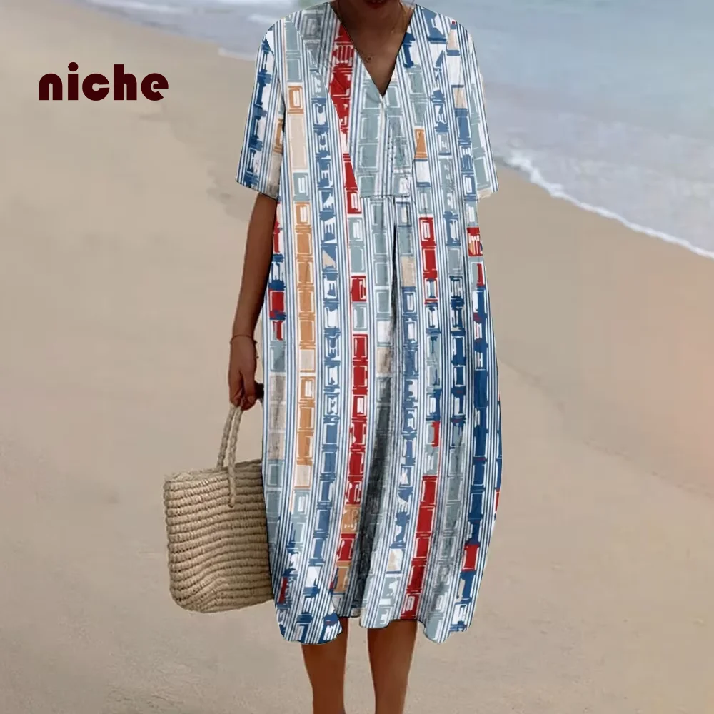 

Cotton And Linen Women's Beach Dress High-Quality Geometric Contrasting Color Printing V-Neck Fashionable New 2024 Dress