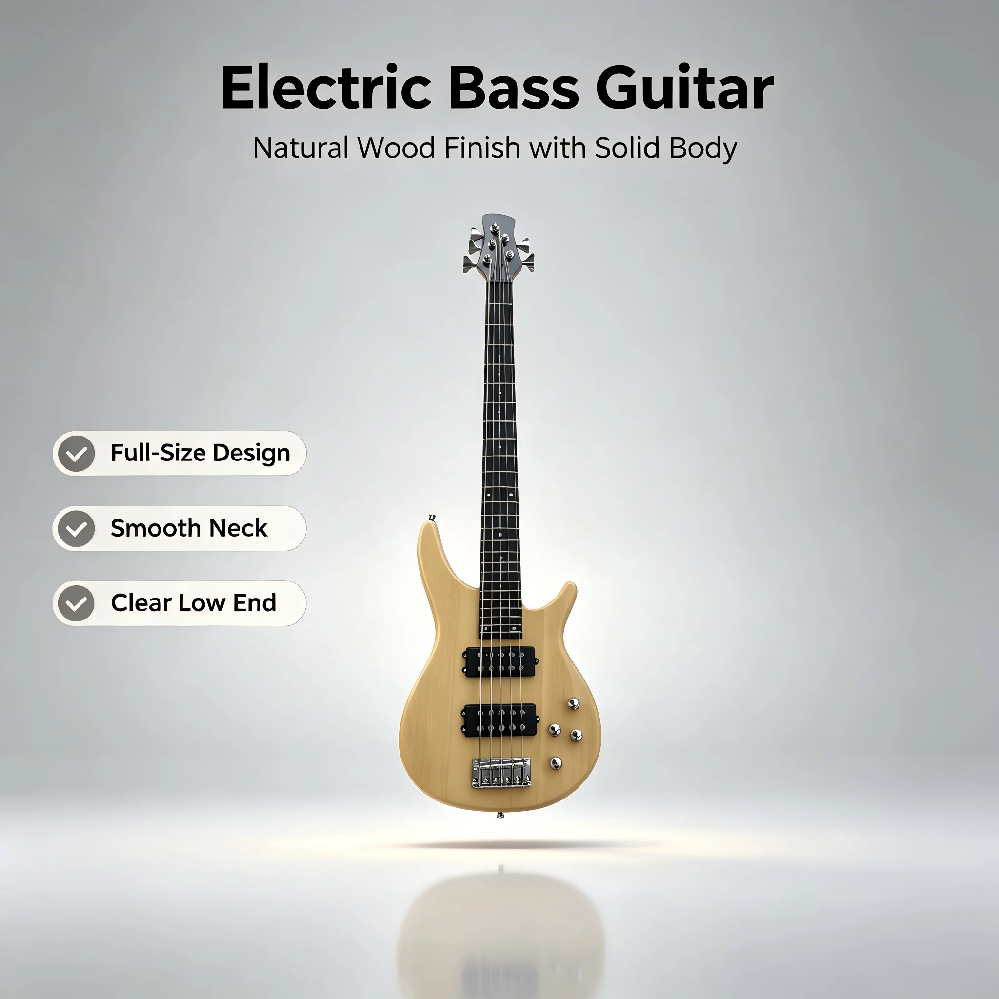 Full Size 5 String Electric Bass Guitar Solid Natural Wood Body, Dual Double Coil Pickups, Smooth Rosewood Fretboard, Complete Kit with Gig Bag, Audio Cable and Adjustment Wrenches