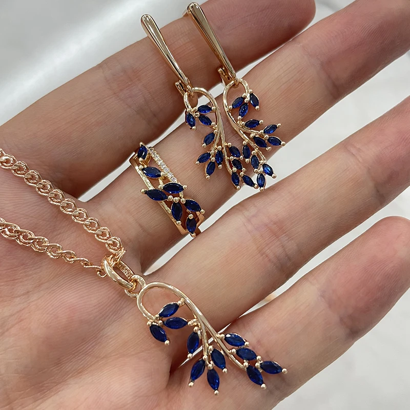 SYOUJYO Leaf Shape Blue Natural Zircon Full Paved Rings For Women Daily Multipurpose Fashion Slim Copper Jewelry Gift