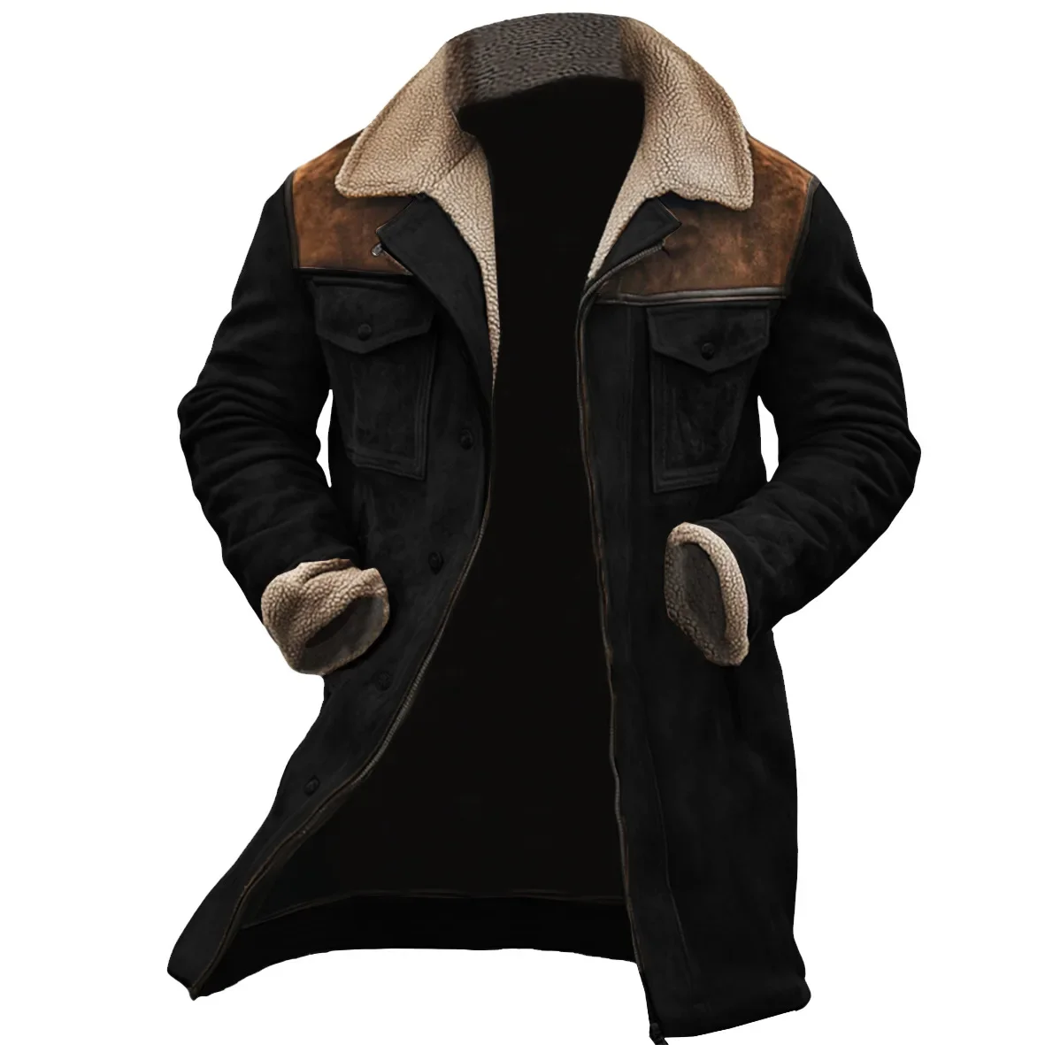 LIBIELIY Winter Fleece Mens Trench Coats Vintage Patchwork Fashion Multi Pockets Long Jackets Male Turn Down Collar Casual Windb