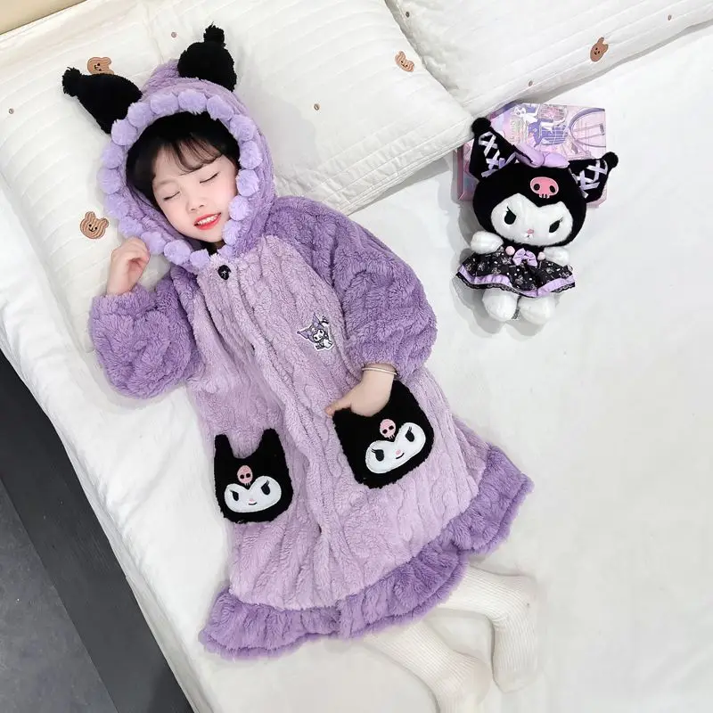 

Sanrio Kuromi Thick Coral Fleece Robe Warm Cartoon for Girls Kids Baby Autumn Winter Home Loungewear Kawaii Sleepwear