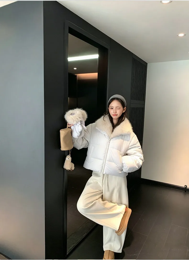 Korean Women's Short Puffer Jacket with Large Fur Collar Women Loose Thick Padded Cotton Coats Female Solid Casual Zipper Parkas