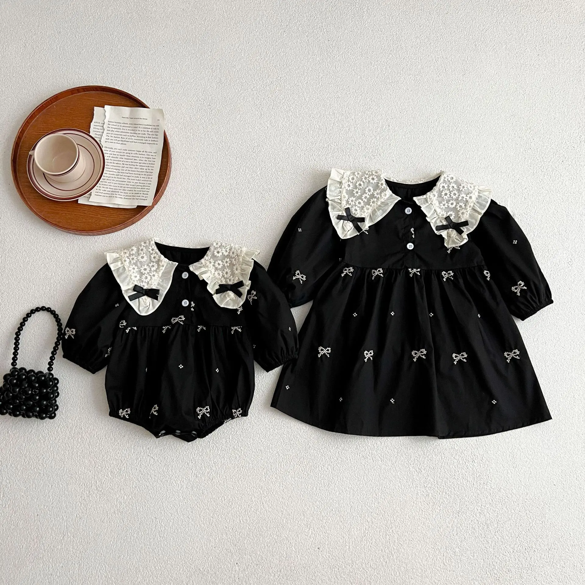 Frühling Schwestern Kleidung Mädchen Bogen Stickerei Spitze Kleidung Baby Strampler Baumwolle Säuglings Body Prinzessin Mädchen Schwester Familie Kleid – Detail 20