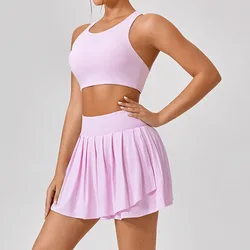 2 Pieces Pleated Tennis Skirt Set with Inner Short,Yoga Running Workout Dress Colorblock Golf Skirt Outfits