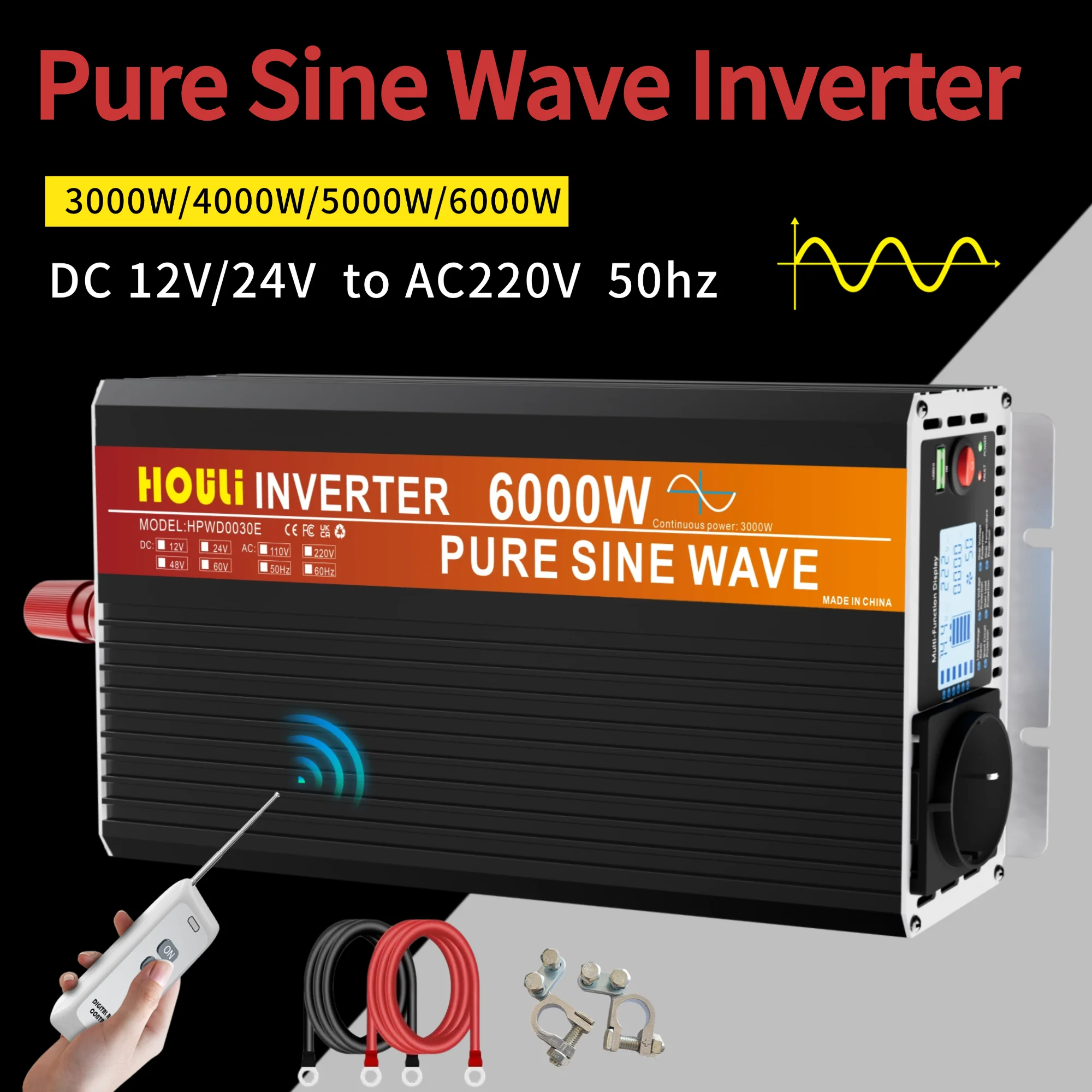 Houli 3000 Watt 4000Watt Pure Sine Wave Inverter DC 12V 24v  to 220V AC Converter with LCD Display for Home RV Truck