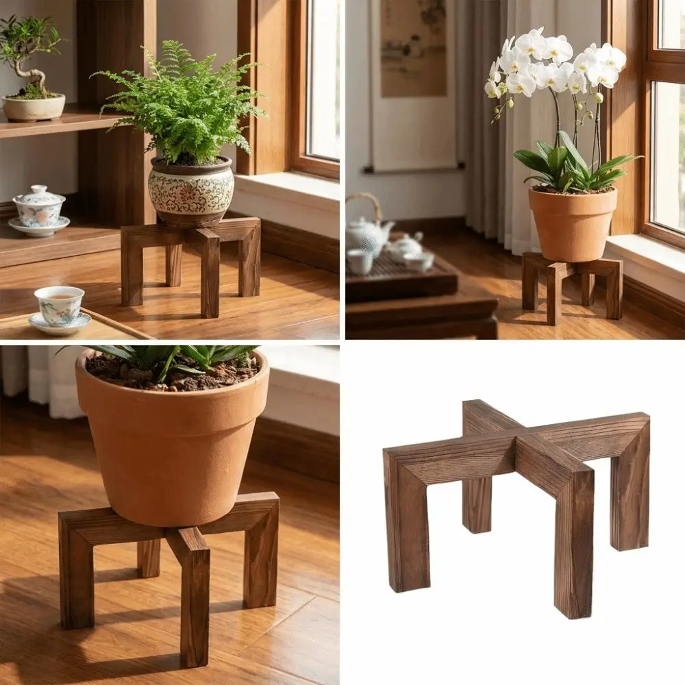Cross Frame Wooden Plant Stand Pine Wood Brown Wood Grain Flower Pot Rack Stable Structure Screw Fixed Indoor Pot Holder