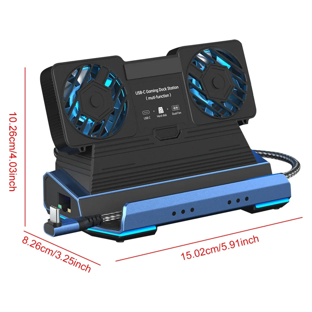 Estação de acoplamento com ventilador de refrigeração duplo, 4K @ 60Hz, 4 portas USB PD100W Gigabit Ethernet para Steam Deck e Lenovo Legion GO