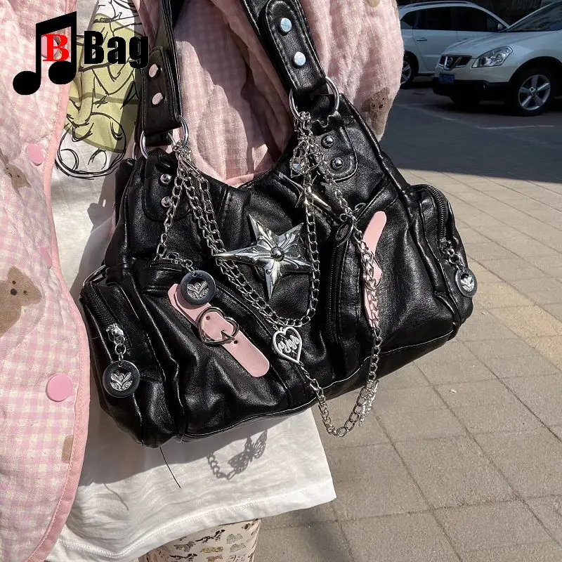 Y2K Gothic Women\'s Lolita Spicy Girls Punk One Shoulder Handbags Harajuku Soft Leather Chain Locomotive Diagonal Span Bag Totes