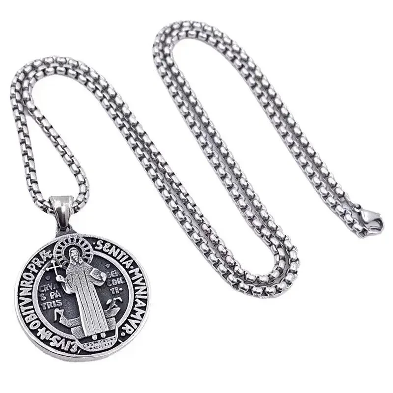 CHUANGCHENG Saint St Benedict Medal Men's Necklace Pendant Stainless Steel Crucifix Cross Exorcism Jewelry Chain Accessories