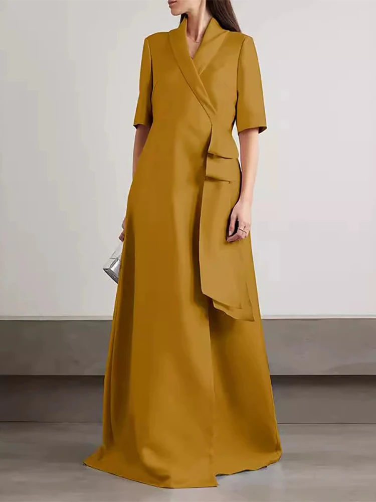 

Женское повседневное платье с коротким рукавом, модное, с разрезом, с завышенной талией, однотонное, летнее, элегантное, с отложным воротником, V-образным вырезом, вечернее платье