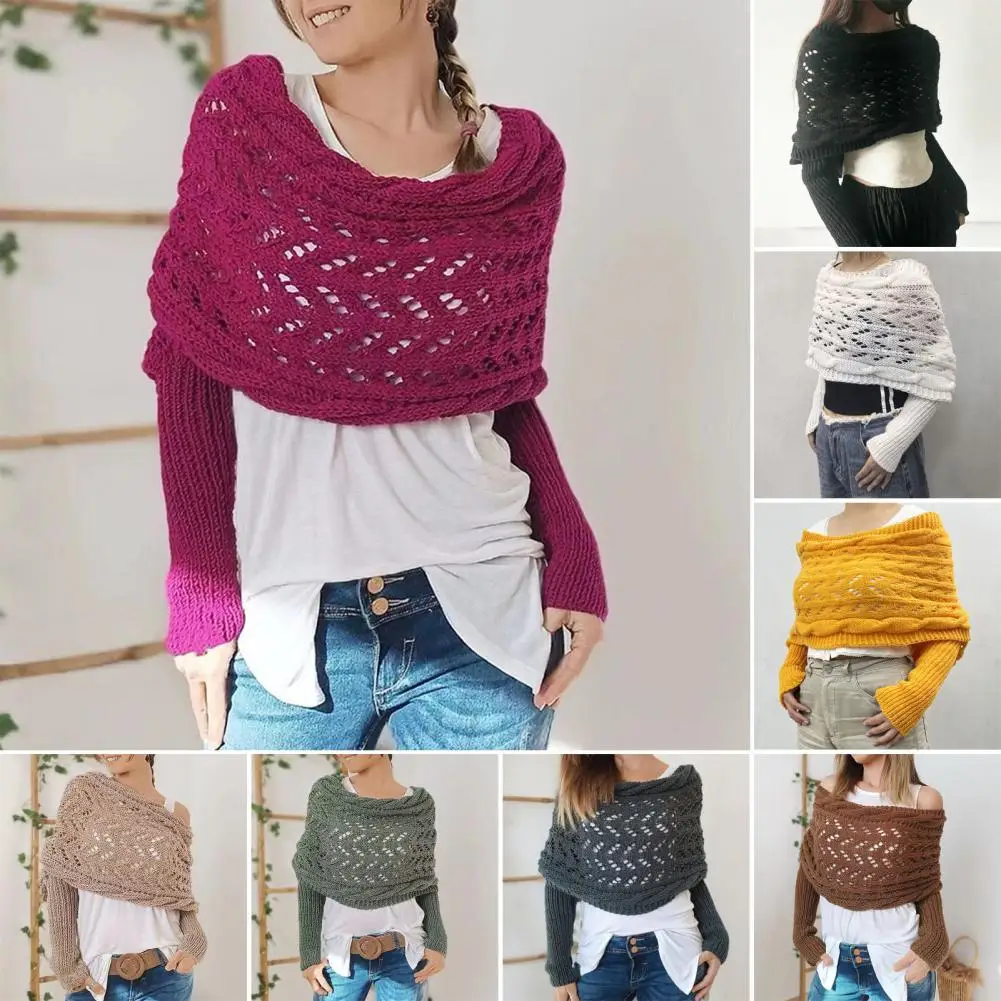 

Shoulder-fitting Shawl Elegant Women's Knitted Shawl with Soft Fluffy Material Long Sleeve Design Hollow Detail Autumn Winter