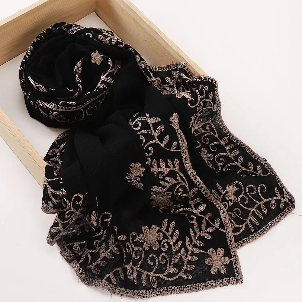 Black Embroidery Hijab Scarves Muslim Women Shawls Wrap Turban Stoles Bandanas Headband Bufanda Foulard Turbante Mujer 70*190cm