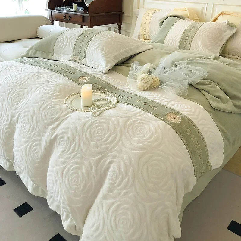 Four-piece autumn and winter thickened warm fleece engraved embroidery newcolor matching household mattress quilt cover bedding