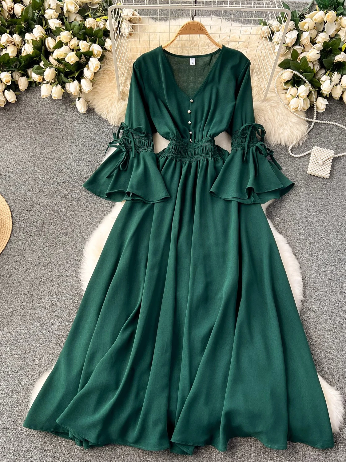 Spring Autumn Green/Red/Purple/Blue Long Dress Women Elegant V-Neck Flare Sleeve High Waist Holiday Beach Maxi Robe Vestidos New