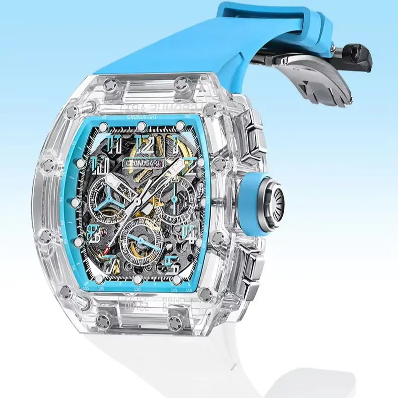 CRONUSART Men Chronograph Watch 50MM Tonneau Mechanical Wristwatch Sapphire Case Luminous Skeleton Dial Limited Version