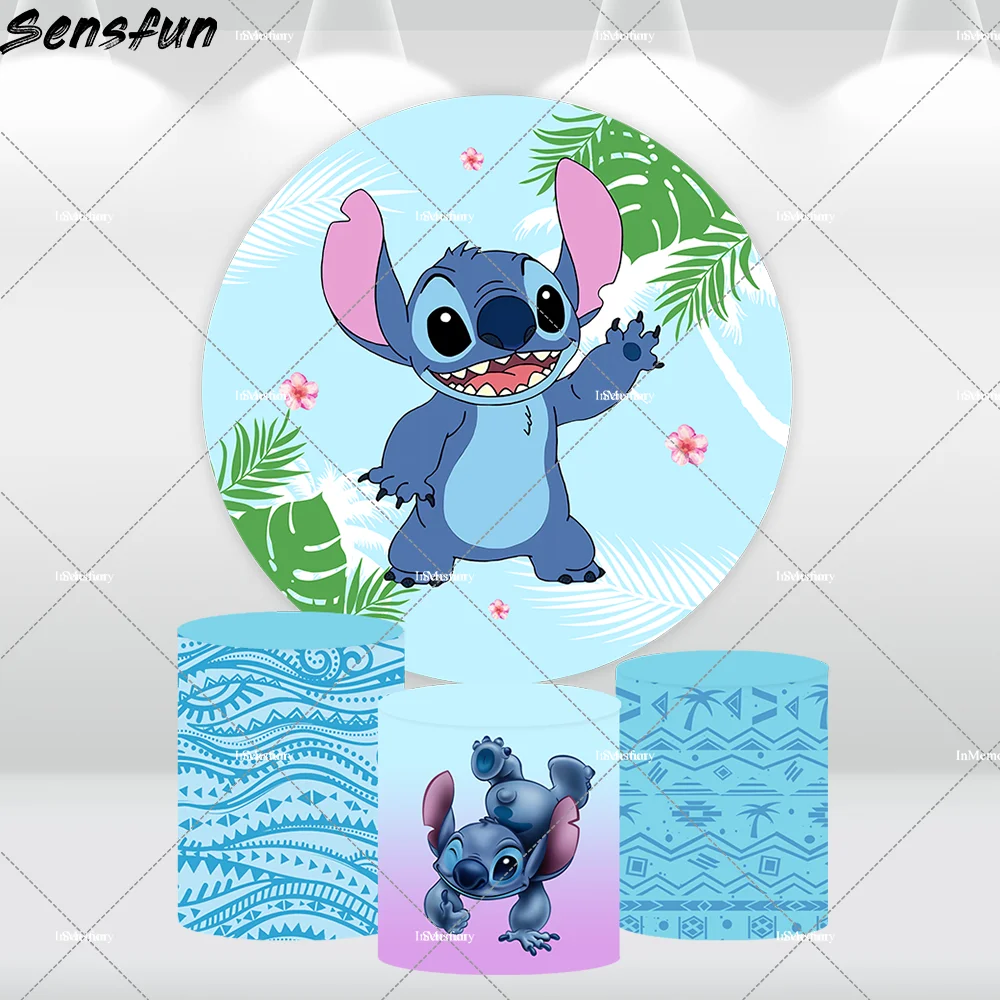 Disney Lilo & Stitch Round Bacdrops Cover for Kids Happy Birthday Photography Backgrounds Baby Shower Decoration Photo Studio