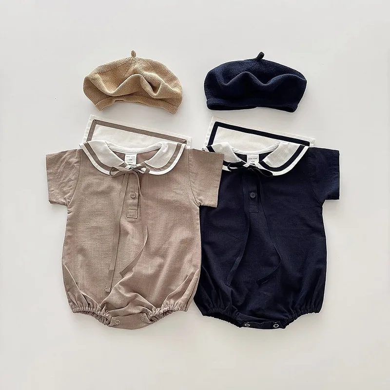 

Новый летний комбинезон для новорожденных девочек 2026 года, с коротким рукавом, из хлопка, с милым матросским воротником, в стиле преппи, для малышей 0-24 месяцев