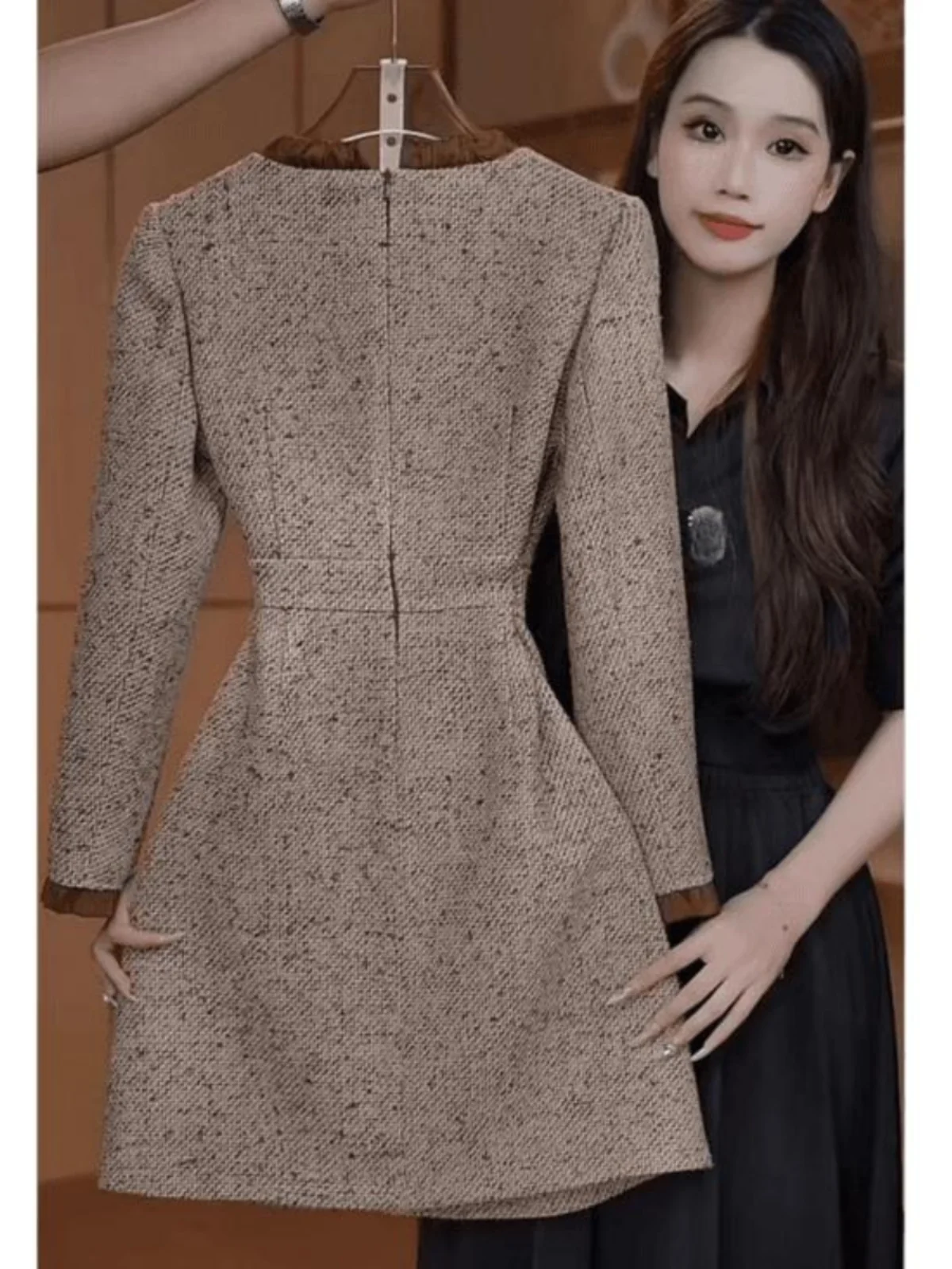 Fashionable Color Block Long Sleeve Dress Women's Collar Coat Autumn Winter New Style Little Fragrance Wind Waist Inward Top ...