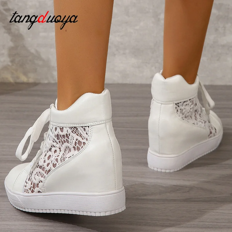 Women Wedge Platform Sneakers Lace Leather High heels Lace Up Shoes Pointed Toe Height Increasing Shoes White Casual shoes