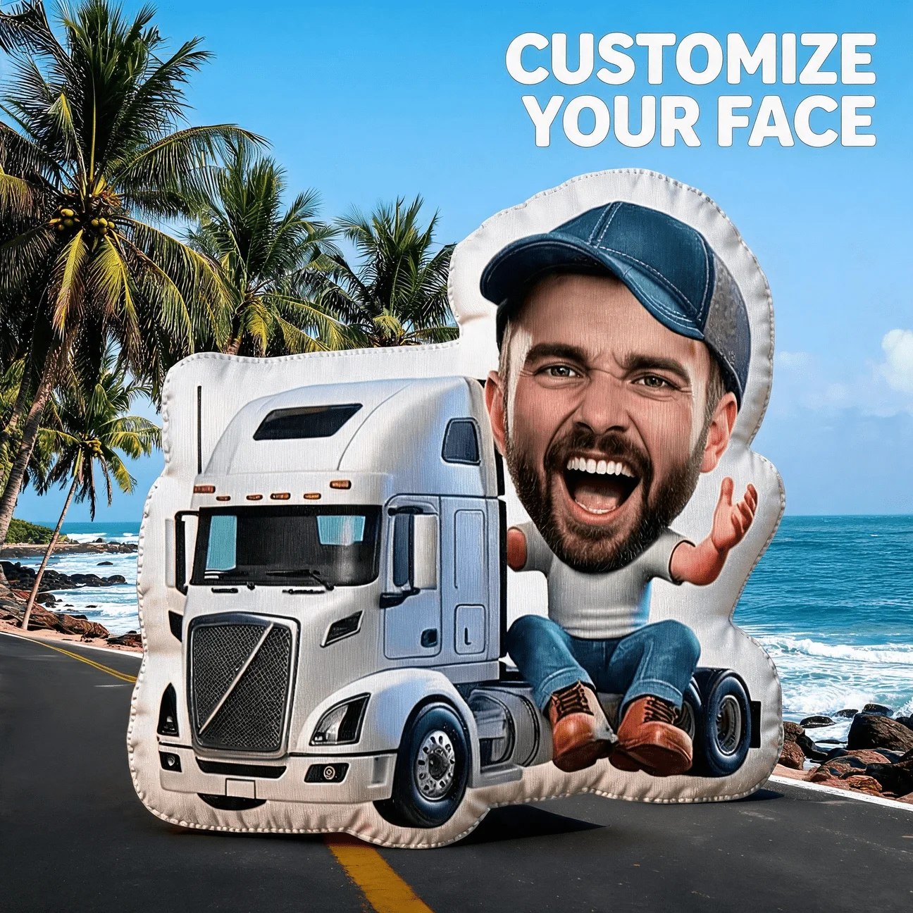 Personalized Truck Driver Photo Cushion - Custom Face/Name/Number Semi-Truck Pillow with Hair Fabric, Suitable for Sofa & Bed De