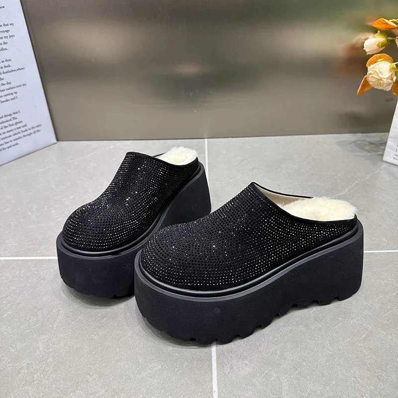 Rhinestone Short Plush Women Mules Slippers Casual Cover Toe Ladies Comfort Outdoor Platform Flats House Cotton Shoes