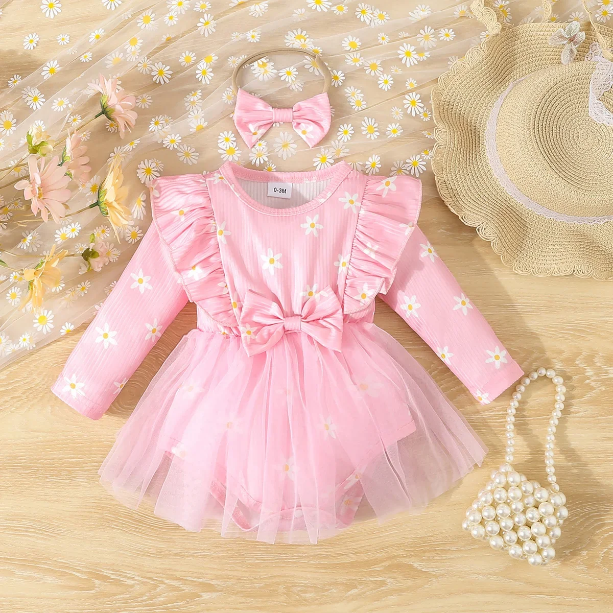 Newborn Baby Girl Bodysuit with Mesh Skirt+Headband 2PCS Suit Floral Long Sleeve Baby Onesie Infant Jumpsuit for 0-18 Months