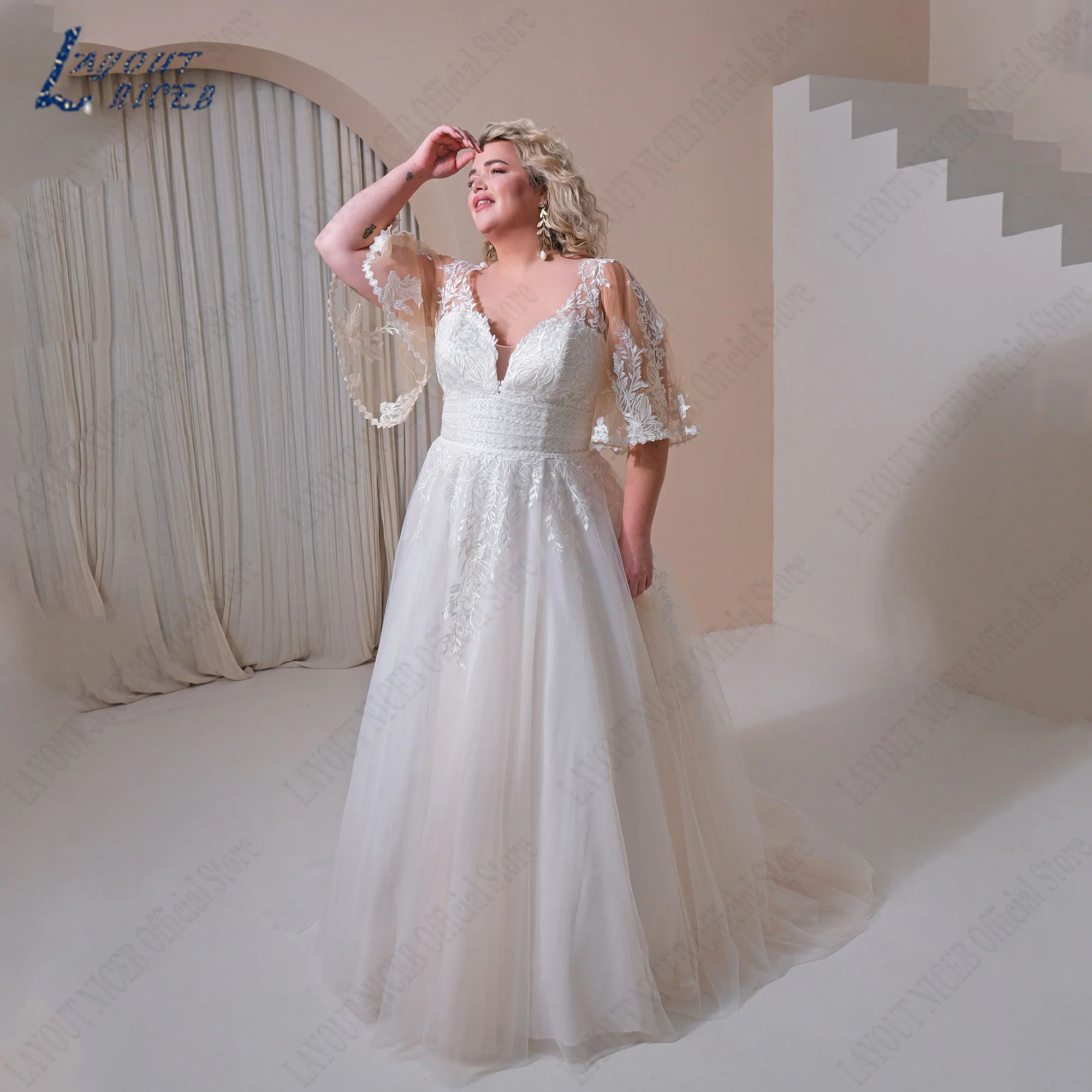 DISPOSITION NICEB-Robe de mariée à manches chauve-souris pour femme, grande taille, col en V, appliques A-Line, mariée, lacets, train de balayage, personnaliséMise en page niceb robe de mariée plus taille bat manches V