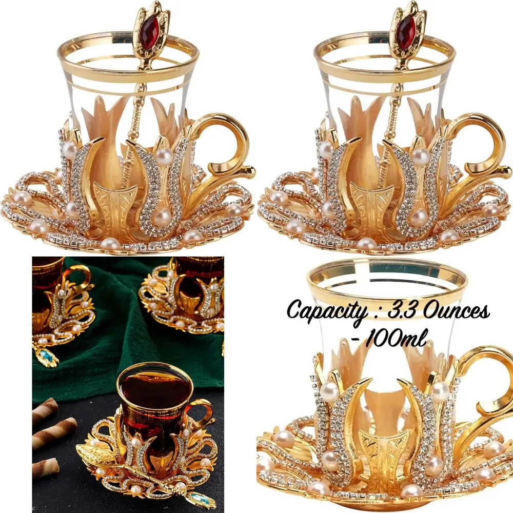 

Набор из 6 турецких стаканов для чая и кофе с золотыми металлическими блюдцами, держателями, ложками, декором из кристаллов и жемчуга, 24 шт., 3,3 унции