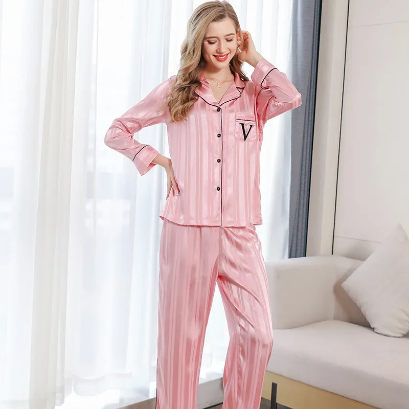 Same pink striped jacquard striped pajamas for women Пижама Long sleeved pants set for home wear  sleepwear  sexy sleepwear