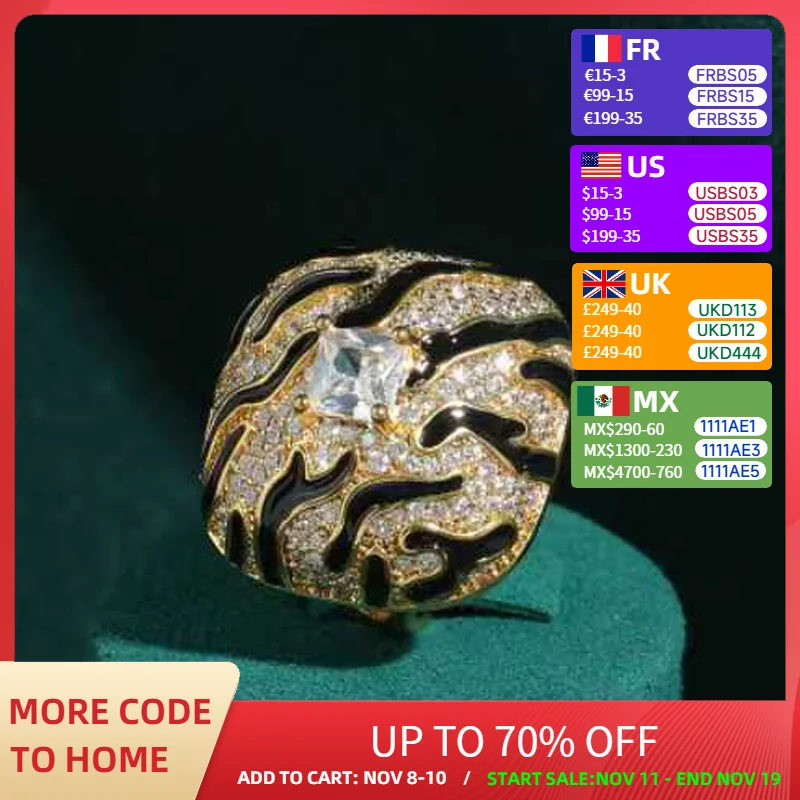 

Vintage Square Zircon Ring Gold Color Black Enamel White Rhinestones Leopard Print Accessories Retro Birthday Gift 2025 New