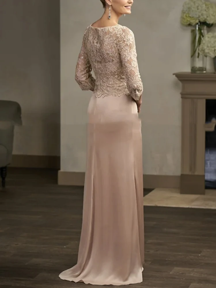 Robe de mère de la mariée rose poussiéreux, col en V, train de balayage, mousseline de soie, dentelle, manches 3/4 longueur, fête de mariage formelle, élégante, nouvelle collection 2023